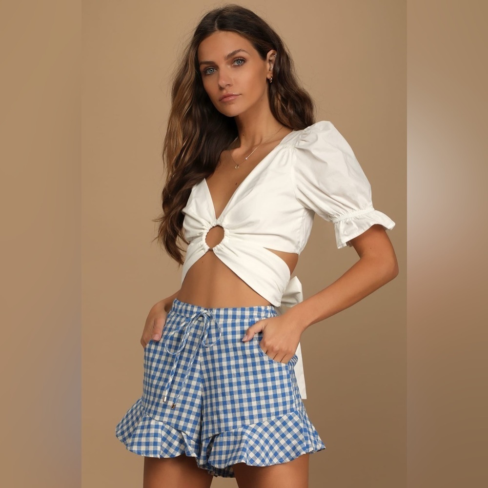 NWT lulus Olivaceous Picnic Weather Blue Gingham Ruffled Drawstring Shorts / M